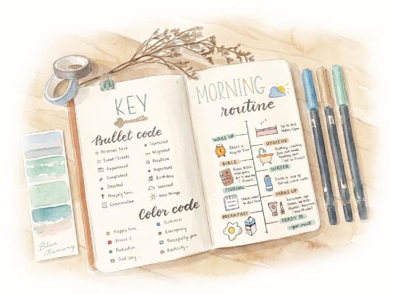 Bullet journal next to coffee