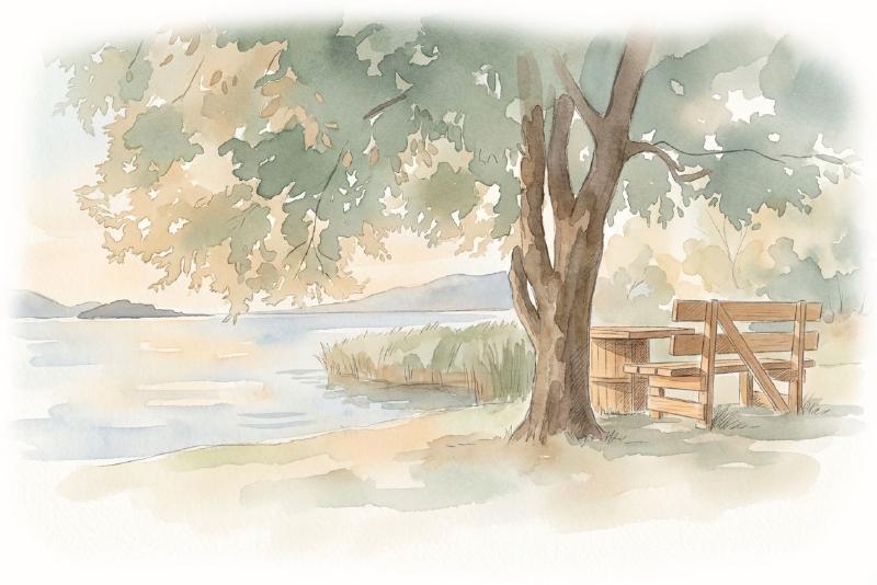 A wooden bench under a tree by a serene lake.