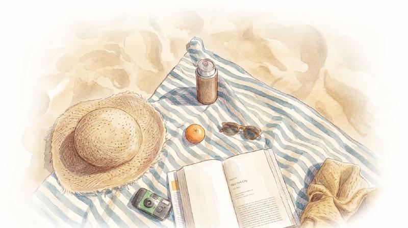 brown glass bottle next to a white book on a blue-and-white fabric