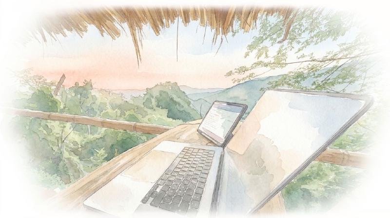 A laptop and a cell phone on a wooden table with a view of the mountains