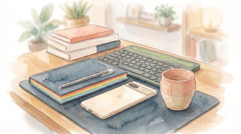 A desk with a laptop, notebook, pen and a cup of coffee