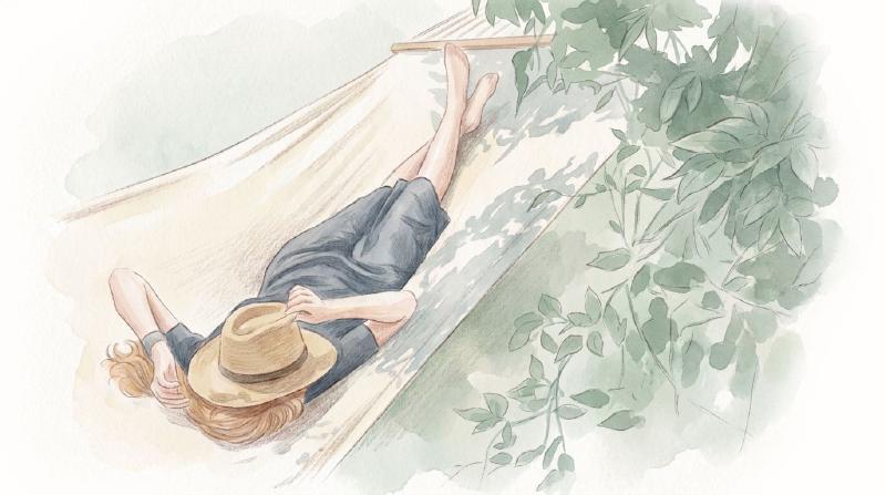 A woman laying in a hammock with a hat on