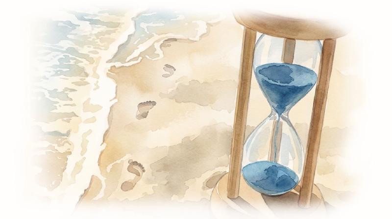 Brown hourglass with blue sand on shore
